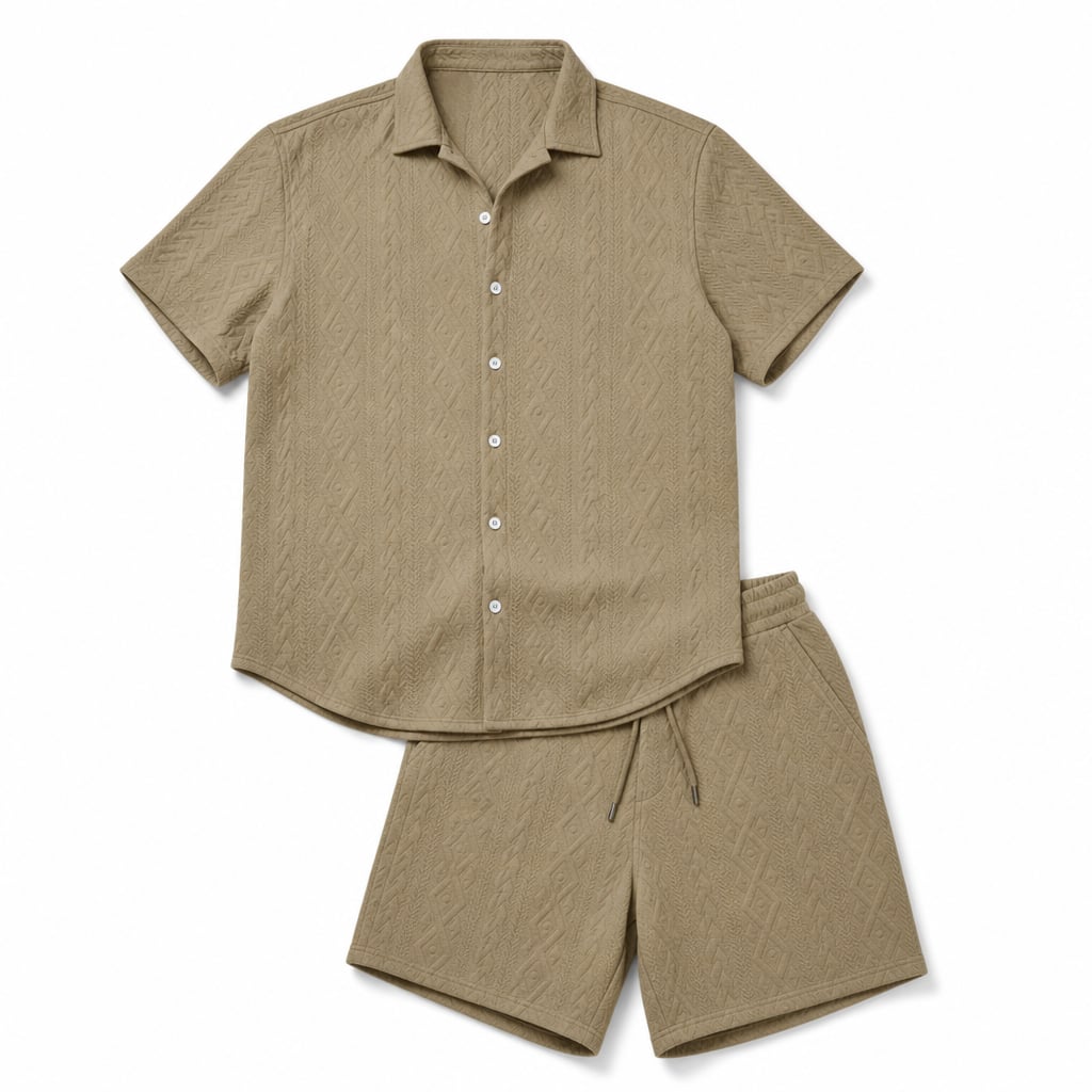 Mann trägt khakifarbenes Strick-Set mit Camp Collar Hemd und passender Shorts