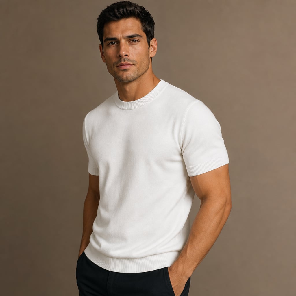 T-Shirt aus Merino-Woll- und Kaschmir-Mischung in Weiß mit Rundhalsausschnitt und Tailored Fit – Tarlano von Enzaco