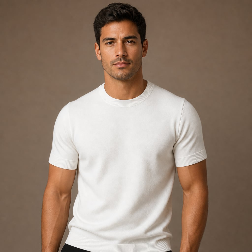 Mann trägt weißes Merino-Strick-T-Shirt mit Tailored Fit und strukturiertem Rundhals – Enzaco Tarlano