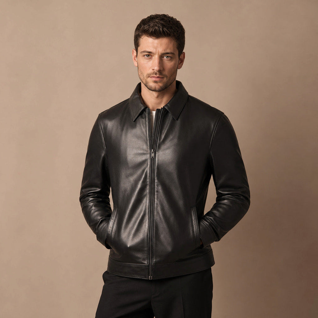 Schwarze Harrington-Lederjacke aus Lammleder mit Hemdkragen und Frontreißverschluss