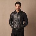 Schwarze Harrington-Lederjacke aus Lammleder mit Hemdkragen und Frontreißverschluss