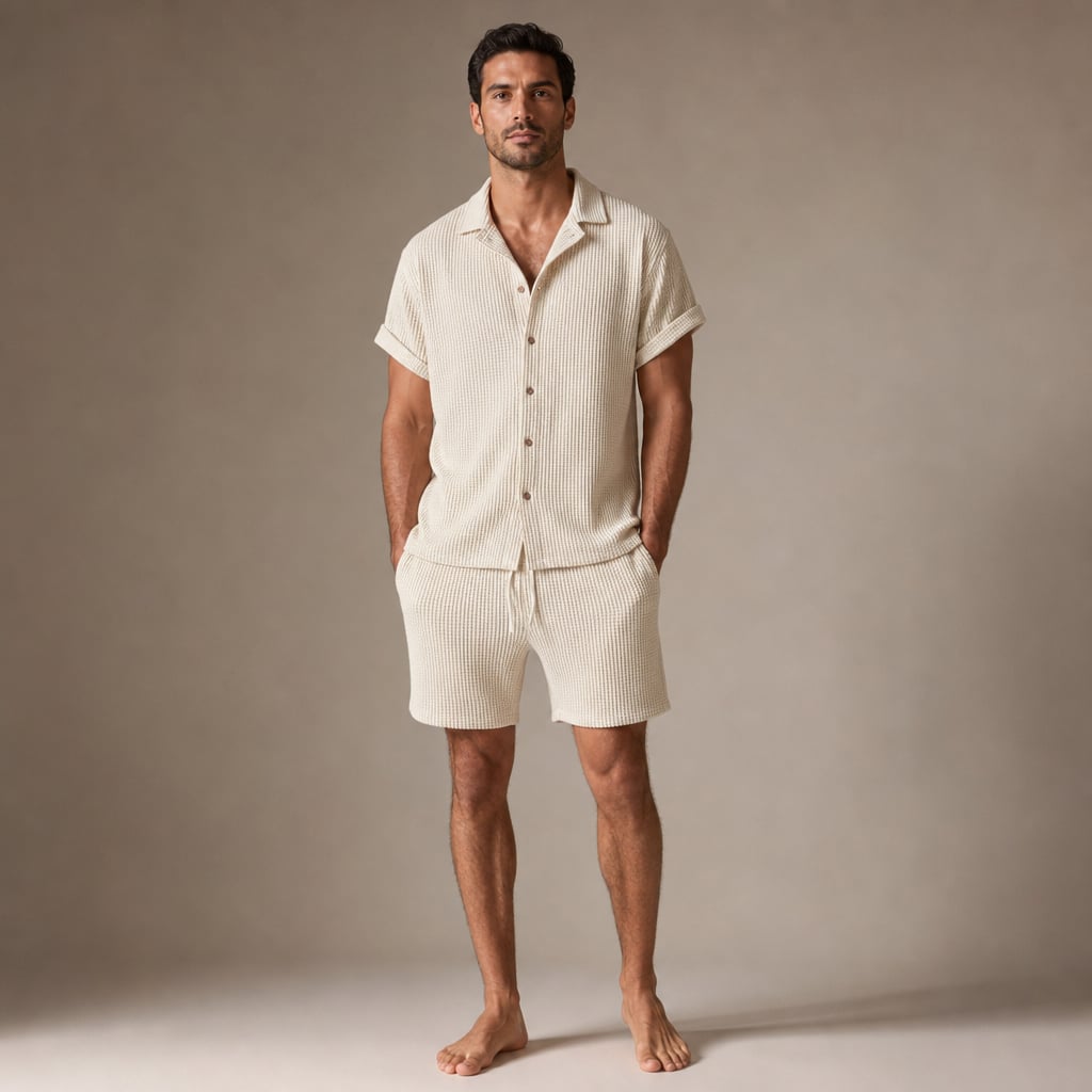 Zweiteiliges Waffelstrick-Set in Beige — Kurzarmhemd mit Spreizkragen und Knopfleiste sowie passende Shorts mit Kordelzug, Frontansicht auf hellem Hintergrund