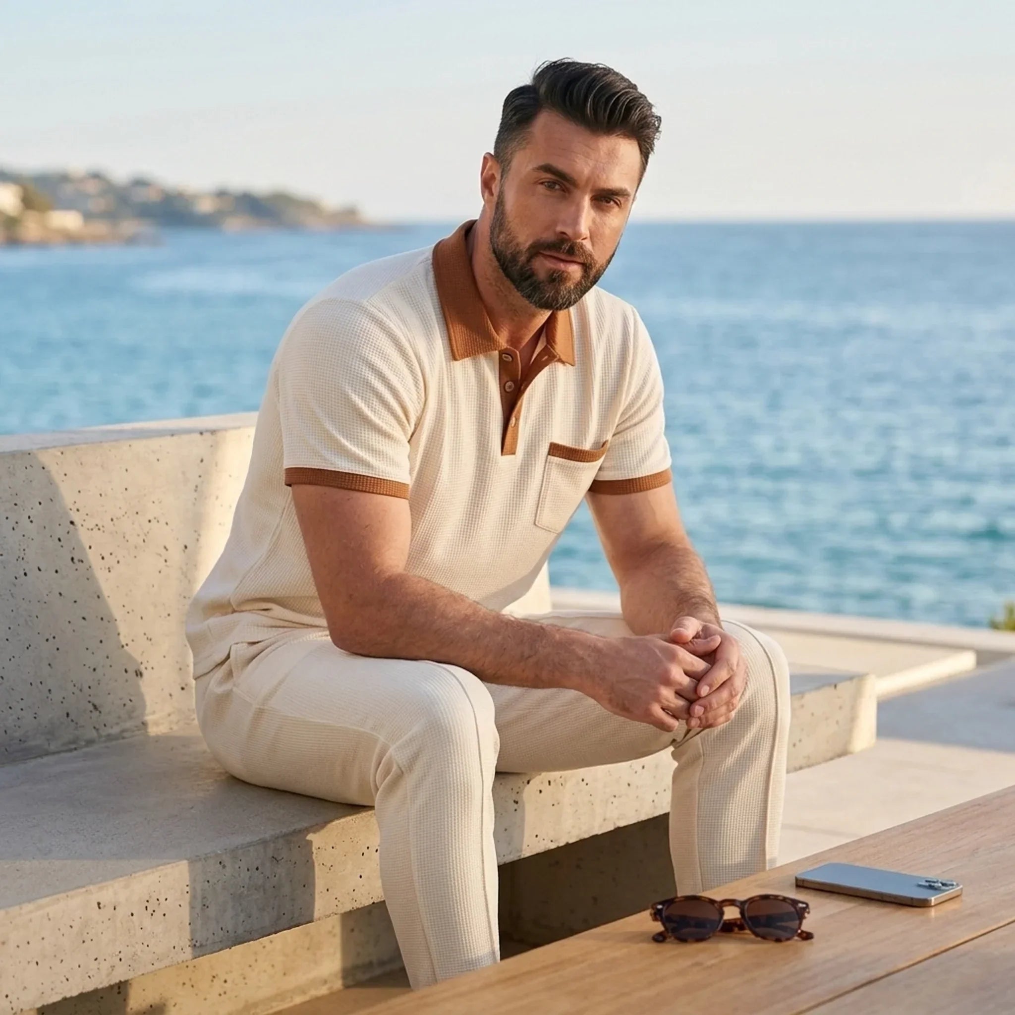 Waffelstrick-Set Poloshirt & Straight-Leg-Hose – Borten