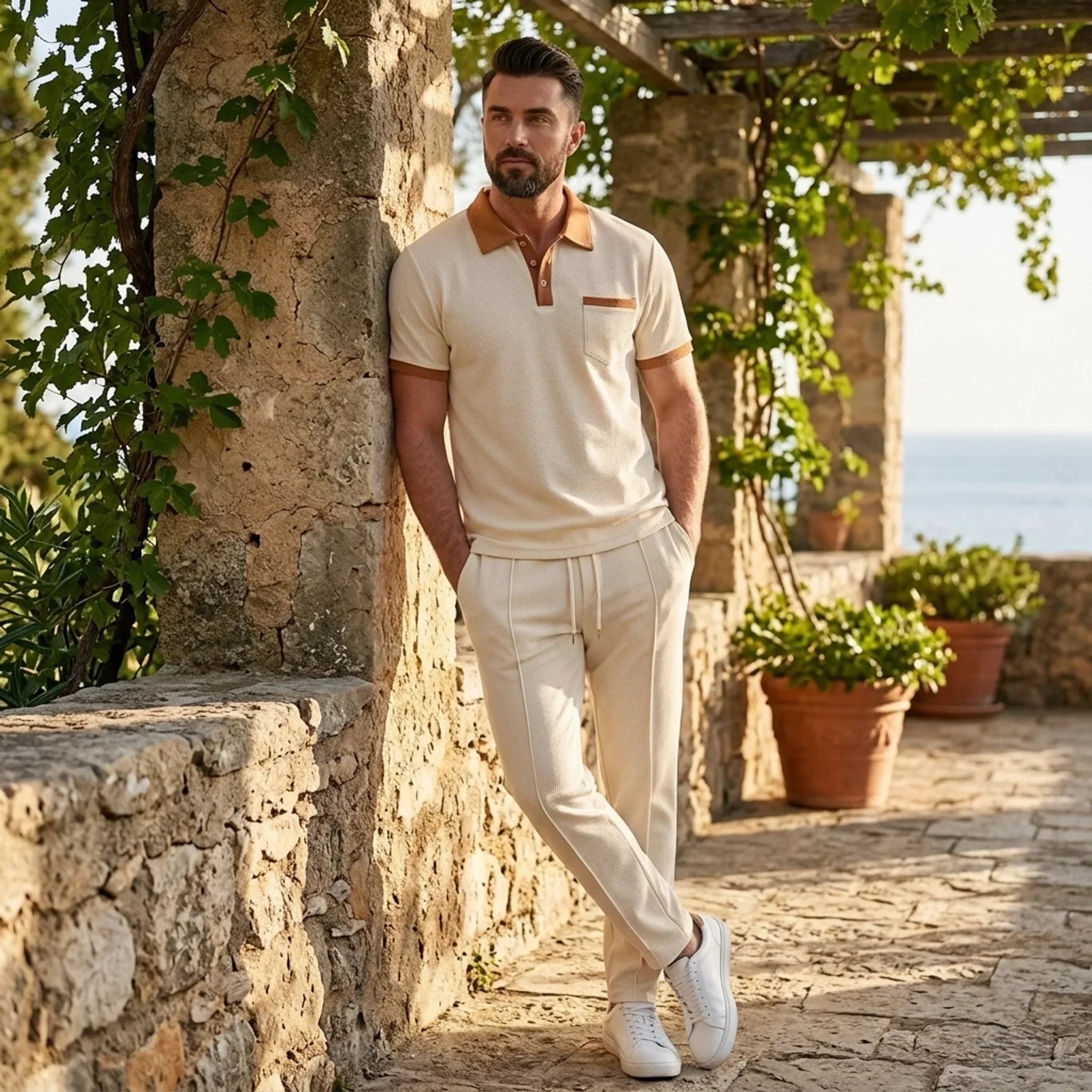 Waffelstrick-Set Poloshirt & Straight-Leg-Hose – Borten
