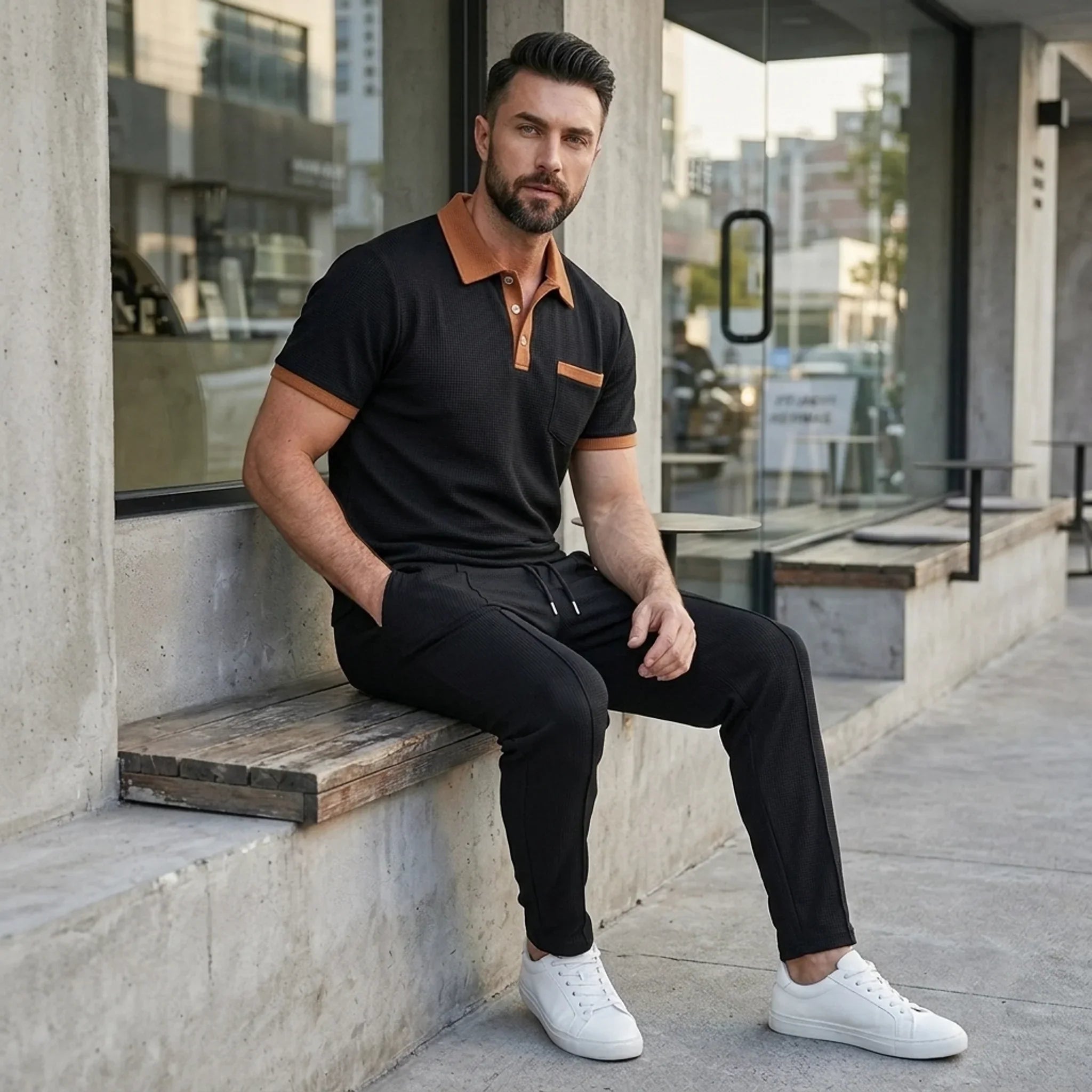 Waffelstrick-Set Poloshirt & Straight-Leg-Hose – Borten