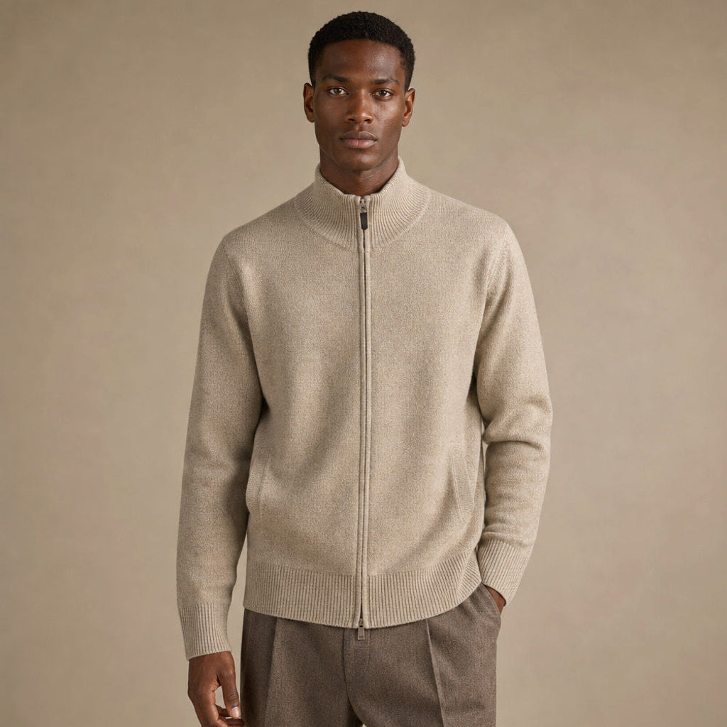 Strickjacke in Camel mit hohem Stehkragen und Zweiwege-Reißverschluss
