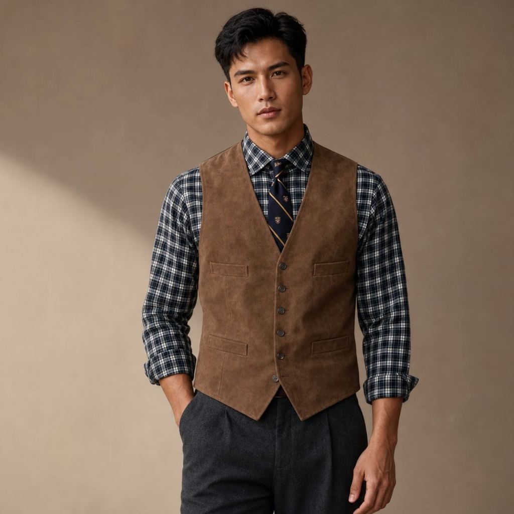Kunstwildleder-Weste in Braun mit Slim-Fit-Schnitt und sechs-Knopf-Front — Apcon