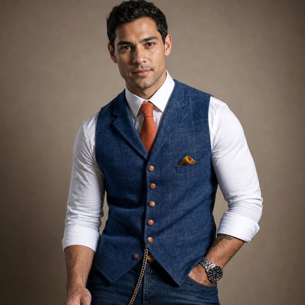 Enzaco Aksel Weste Slim Fit in Blau mit strukturiertem V-Ausschnitt, Frontansicht