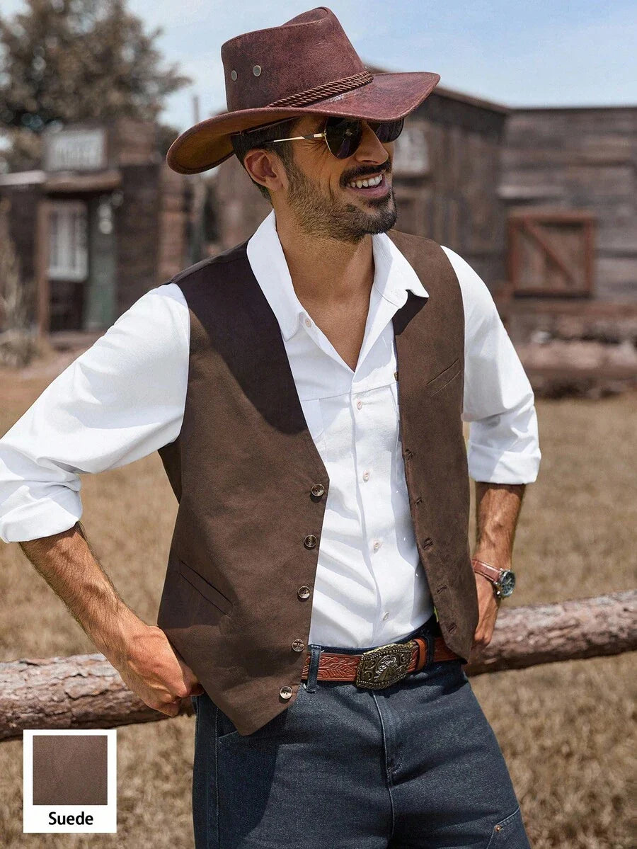 Mann trägt braune Western-Weste in Wildlederoptik über einem weißen Shirt, legerer Freizeitlook