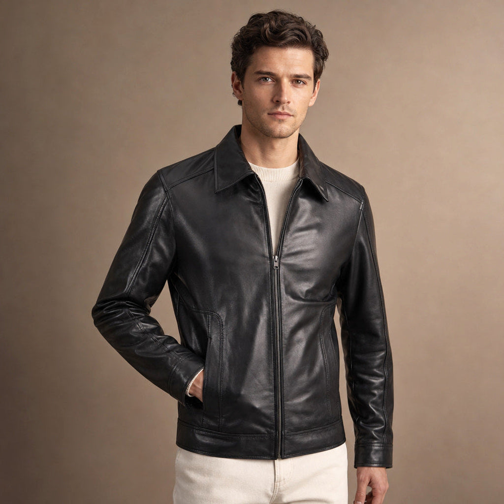 Schwarze Lederjacke aus Lammnappa mit Hemdkragen und Reißverschluss