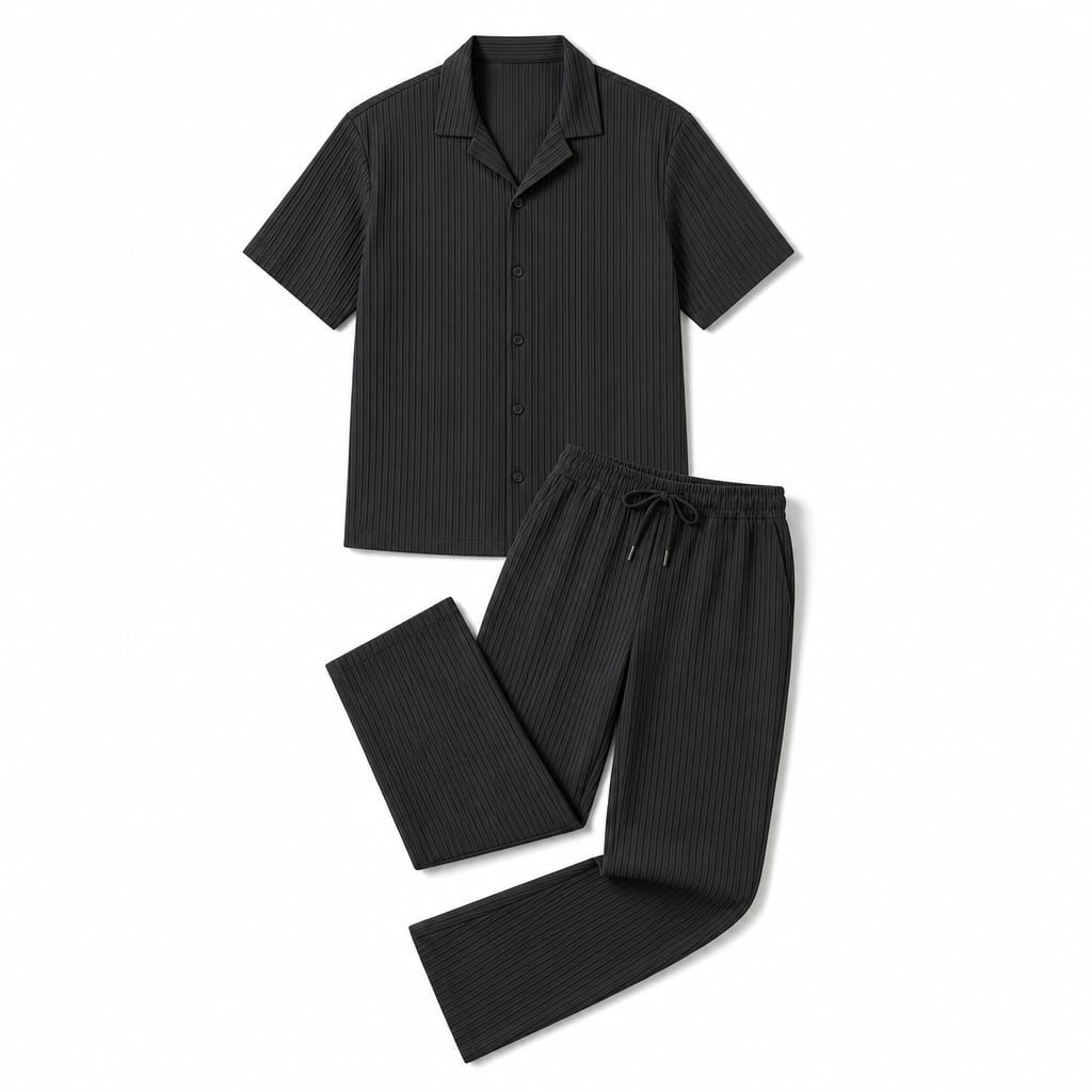 Zweiteiliges Set Strukturstreifen Kurzarmhemd und Hose – Corvino