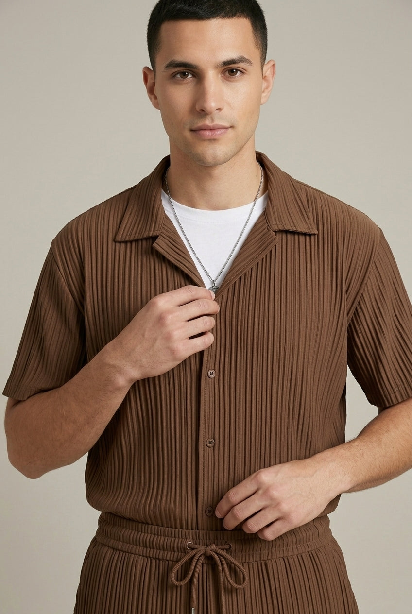 Zweiteiliges Set Strukturstreifen Kurzarmhemd und Hose – Corvino